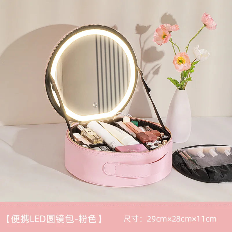 LED Vanity Makeup Case with Rechargeable Mirror - Portable Travel Storage Box with 2000mAh Battery