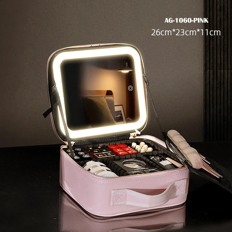 LED Vanity Makeup Case with Rechargeable Mirror - Portable Travel Storage Box with 2000mAh Battery