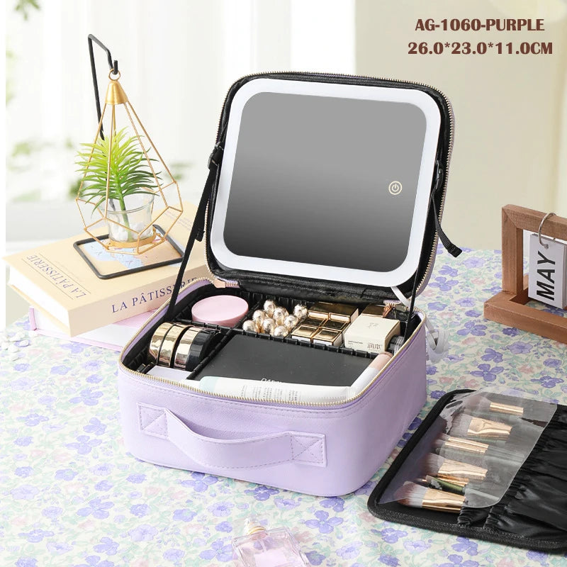 LED Vanity Makeup Case with Rechargeable Mirror - Portable Travel Storage Box with 2000mAh Battery