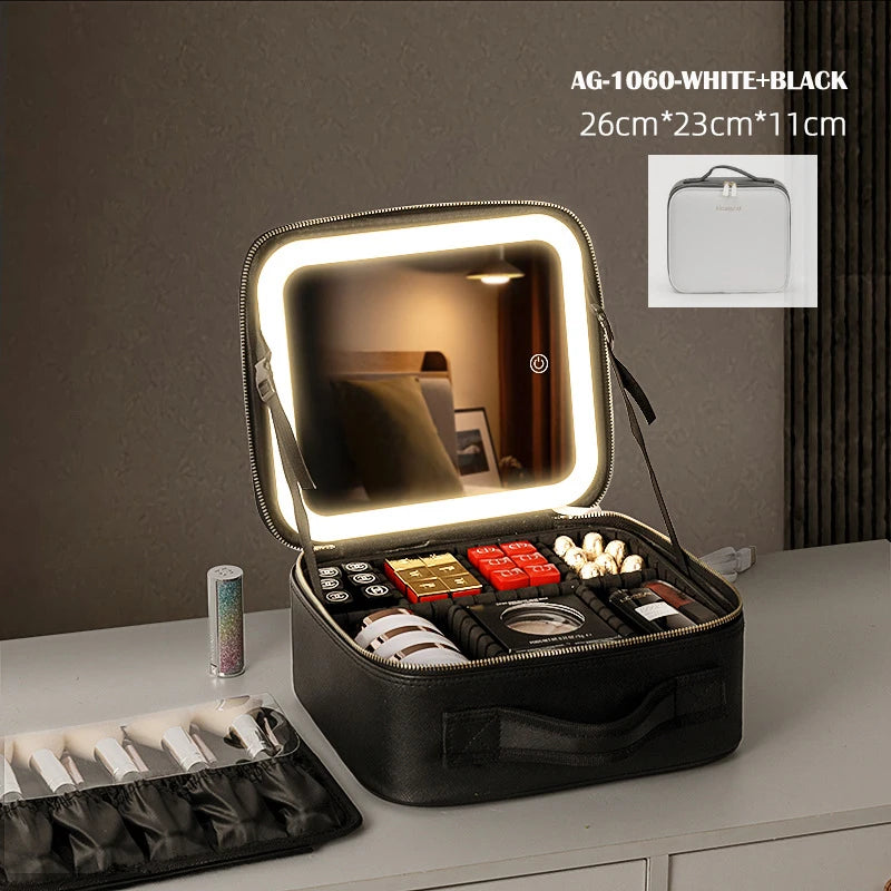 LED Vanity Makeup Case with Rechargeable Mirror - Portable Travel Storage Box with 2000mAh Battery