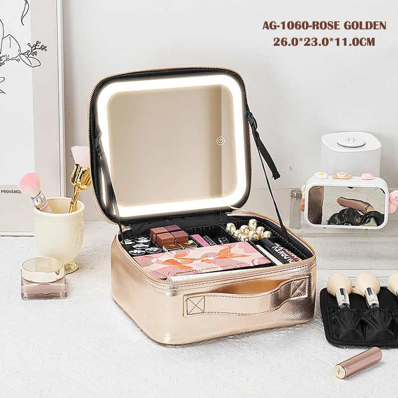 LED Vanity Makeup Case with Rechargeable Mirror - Portable Travel Storage Box with 2000mAh Battery