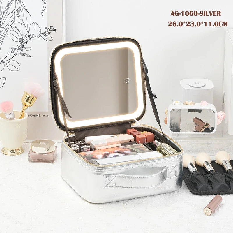 LED Vanity Makeup Case with Rechargeable Mirror - Portable Travel Storage Box with 2000mAh Battery