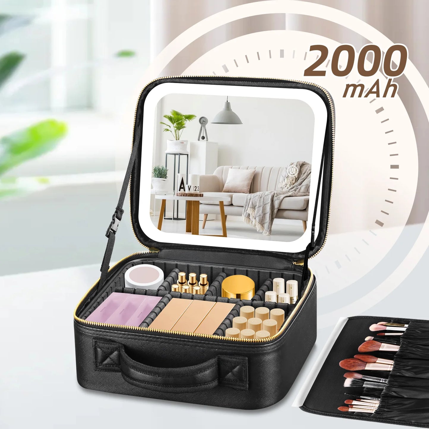 LED Vanity Makeup Case with Rechargeable Mirror - Portable Travel Storage Box with 2000mAh Battery