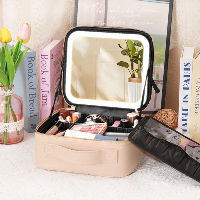 LED Vanity Makeup Case with Rechargeable Mirror - Portable Travel Storage Box with 2000mAh Battery