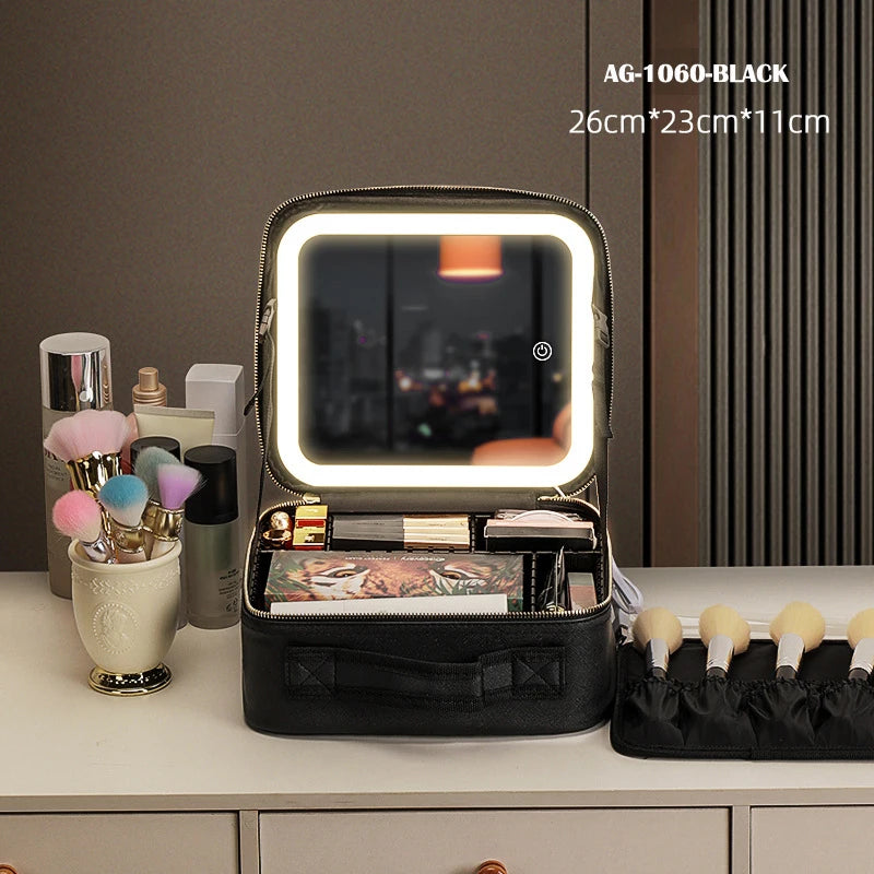 LED Vanity Makeup Case with Rechargeable Mirror - Portable Travel Storage Box with 2000mAh Battery