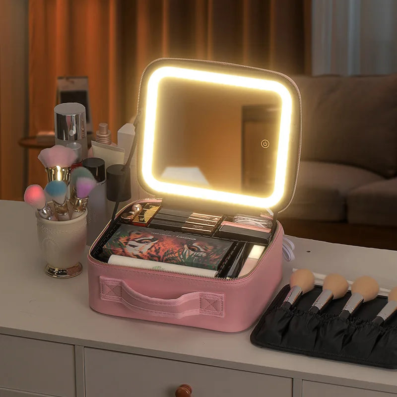 LED Vanity Makeup Case with Rechargeable Mirror - Portable Travel Storage Box with 2000mAh Battery